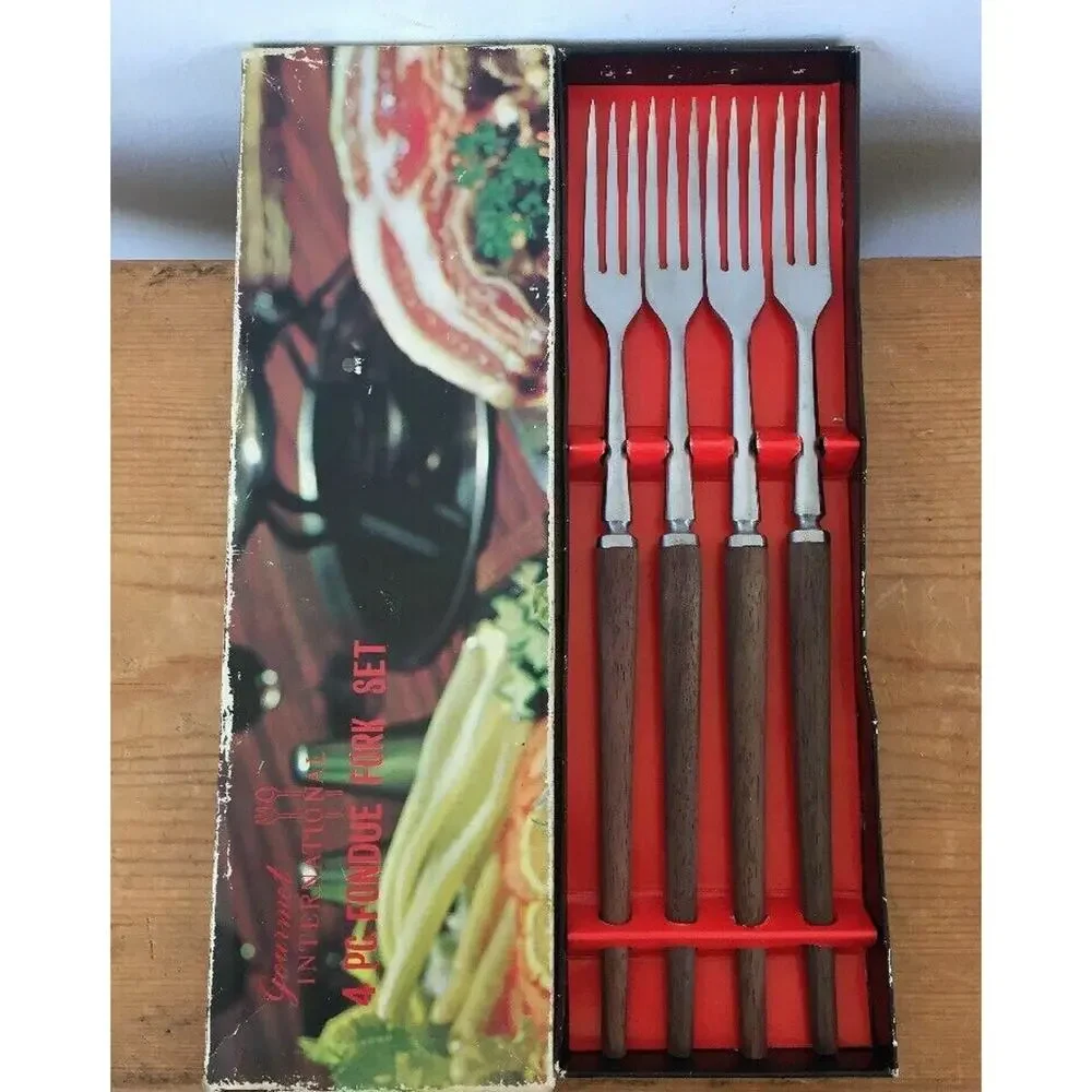 Set 4 Vtg Mid Century Canoe Muffin Japanese Stainless Teak 3 Prong Fondue Forks